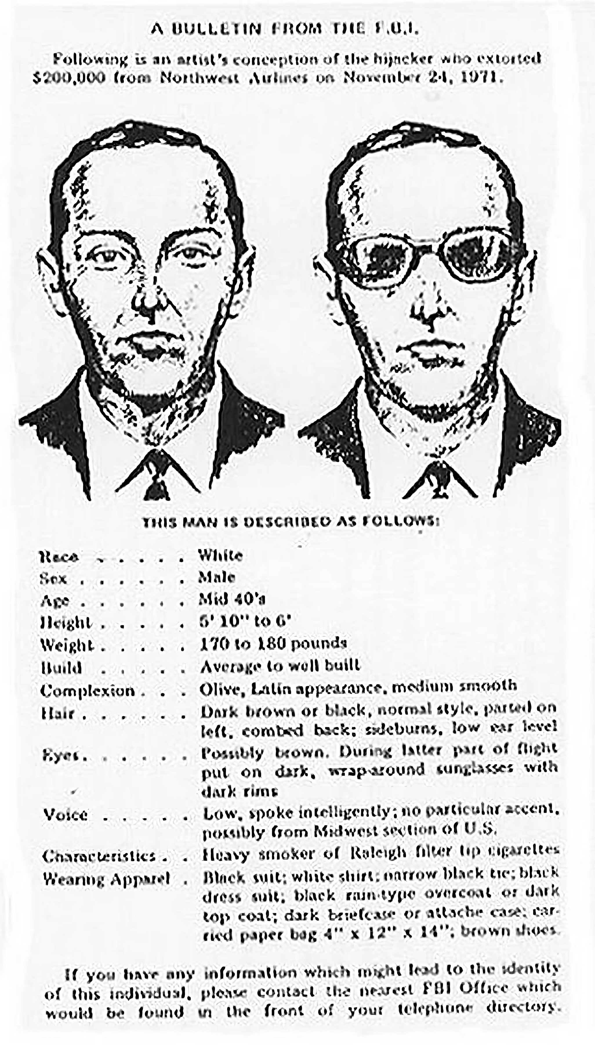 The FBI&rsquo;s wanted poster for D.B. Cooper.