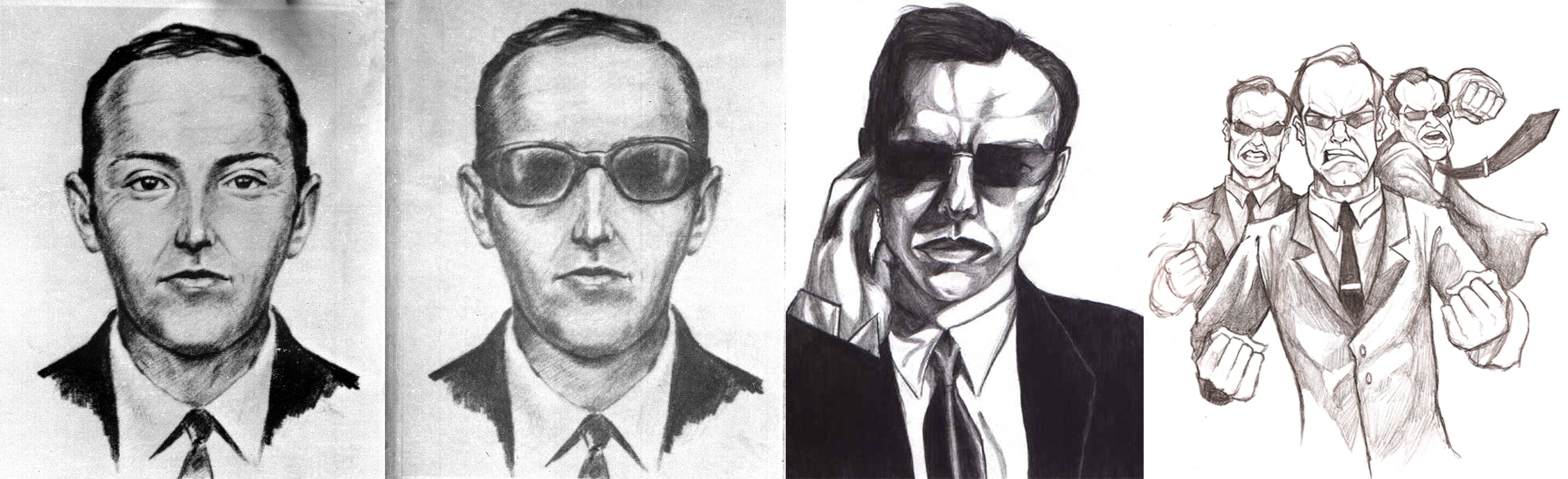 D. B. Cooper composites by unnamed FBI artist, Agent Smith illustrations by Neo Is The One and Dave Mottram.