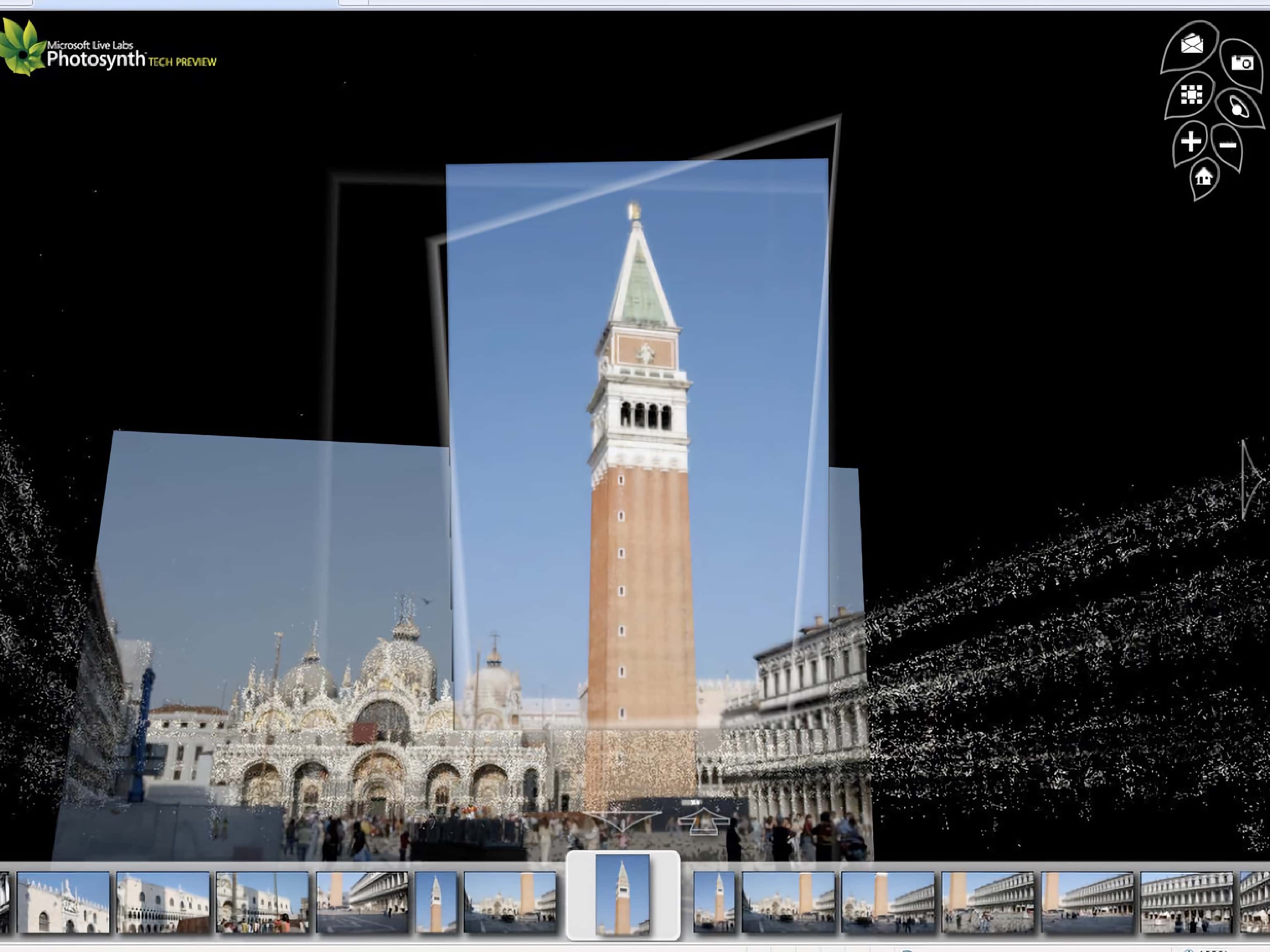 Microsoft&rsquo;s Photosynth places your photos in-context among a global database of photos representing our built environment. AI parses architectural details from the photos and builds a 3d model, then transforms the bitmap to fit the model in perspective.