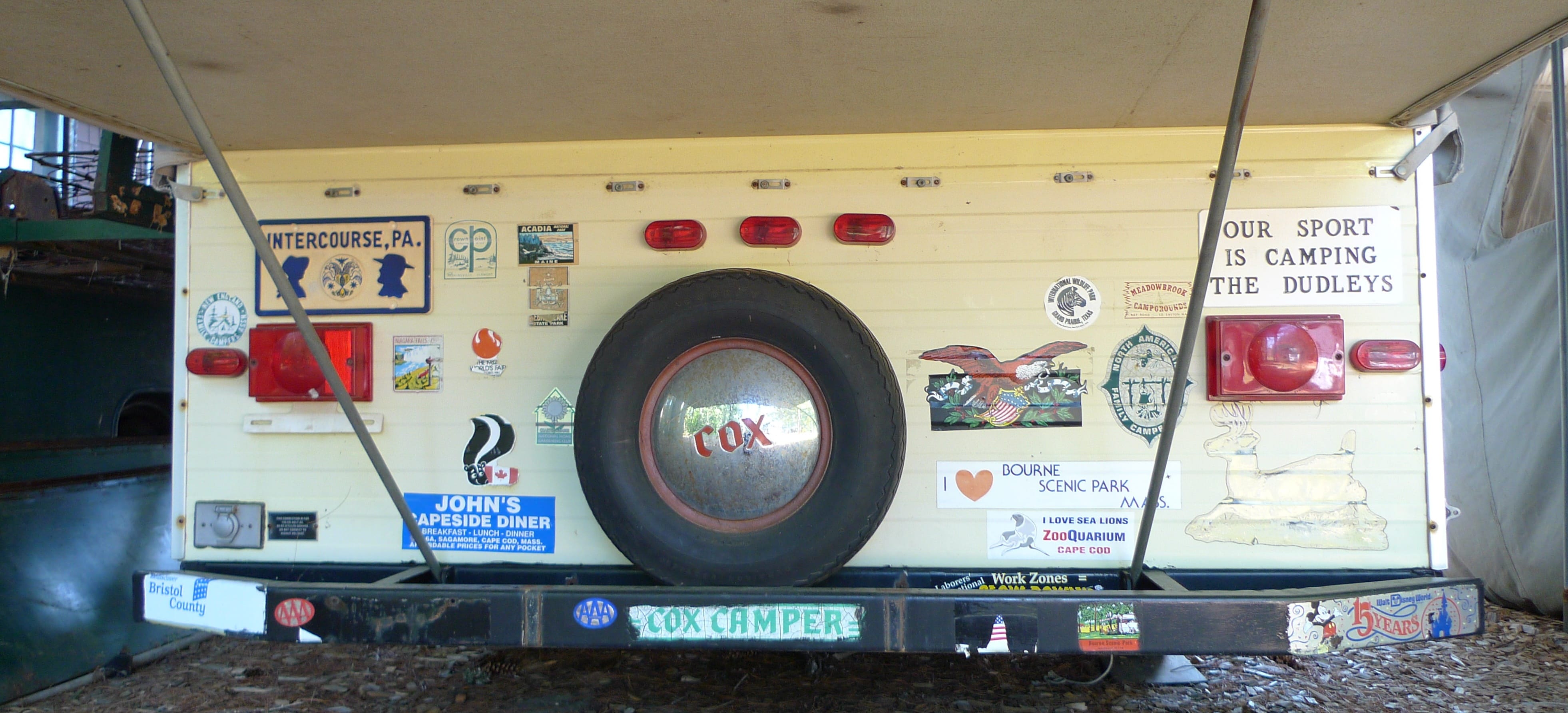 Judging by the outdoor displays, bumper stickers appear to be a structurally significant part of campers after mid 1960.