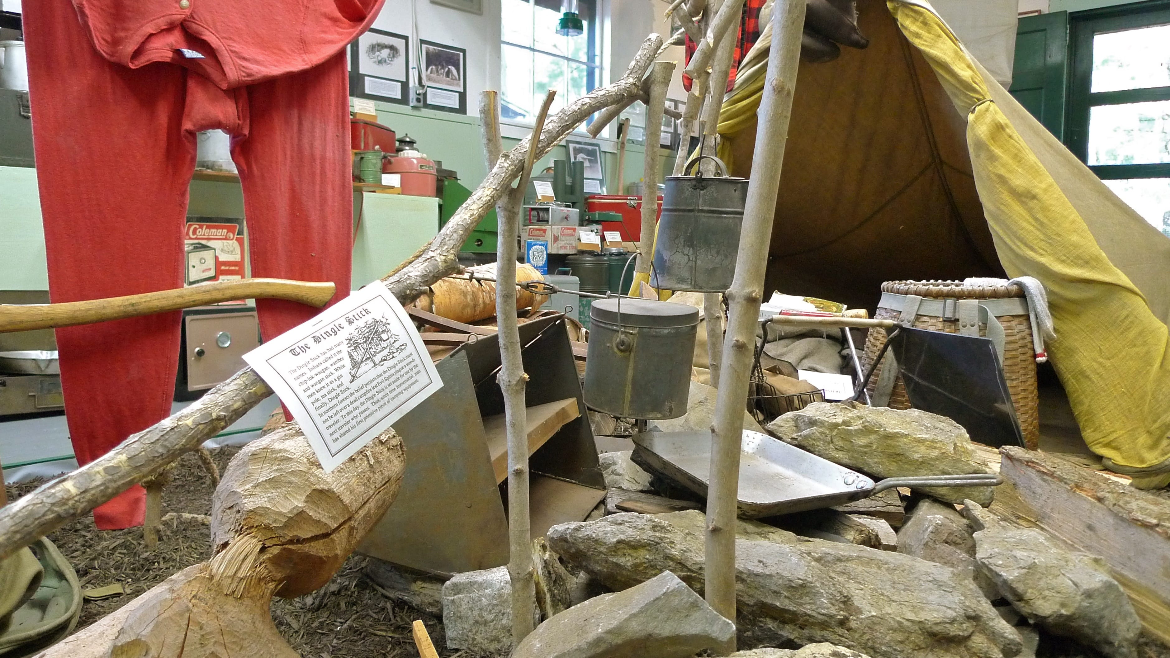 The interior displays at the Museum of Family Camping celebrated many generations of camping history. My docent made much of the dingle stick (the vertical stick that holds the cooking tin); good manners demanded they be left at the camp site for the next camper.