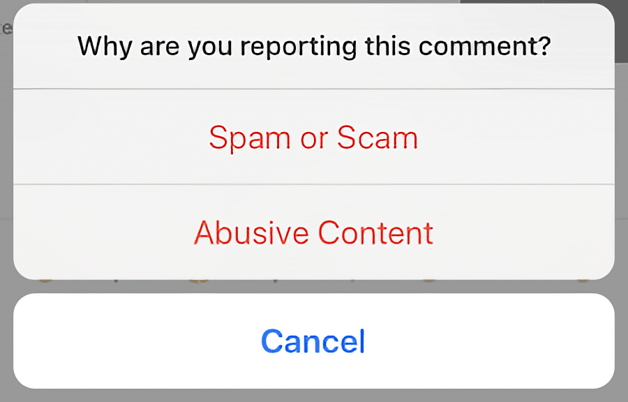 Reporting a comment on Instagram.